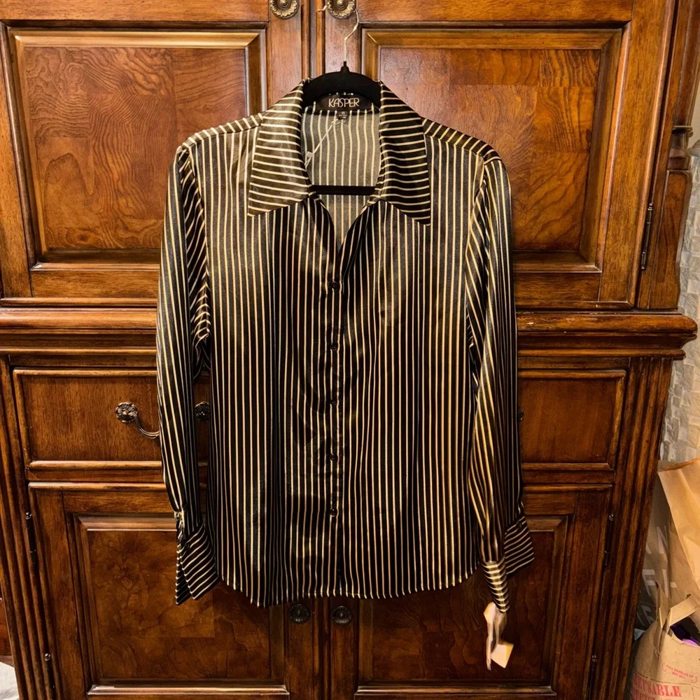 Vintage Kasper Black and Gold Striped Blouse NWT Size 14 - Picture 8 of 12